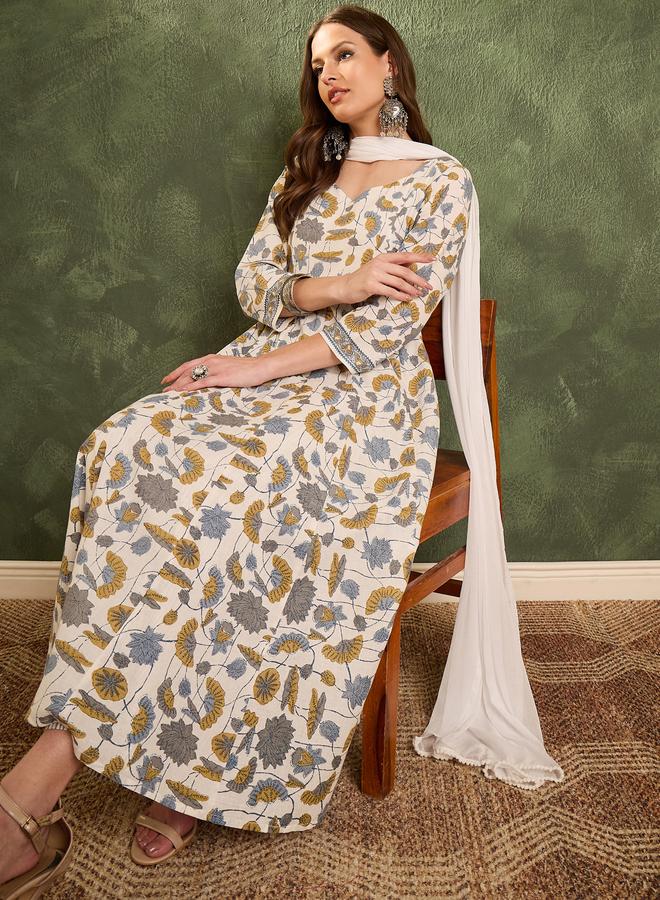 SASSAFRAS Women Off White Floral Anarkali Kurta with Pants and Dupatta Set - Image 2